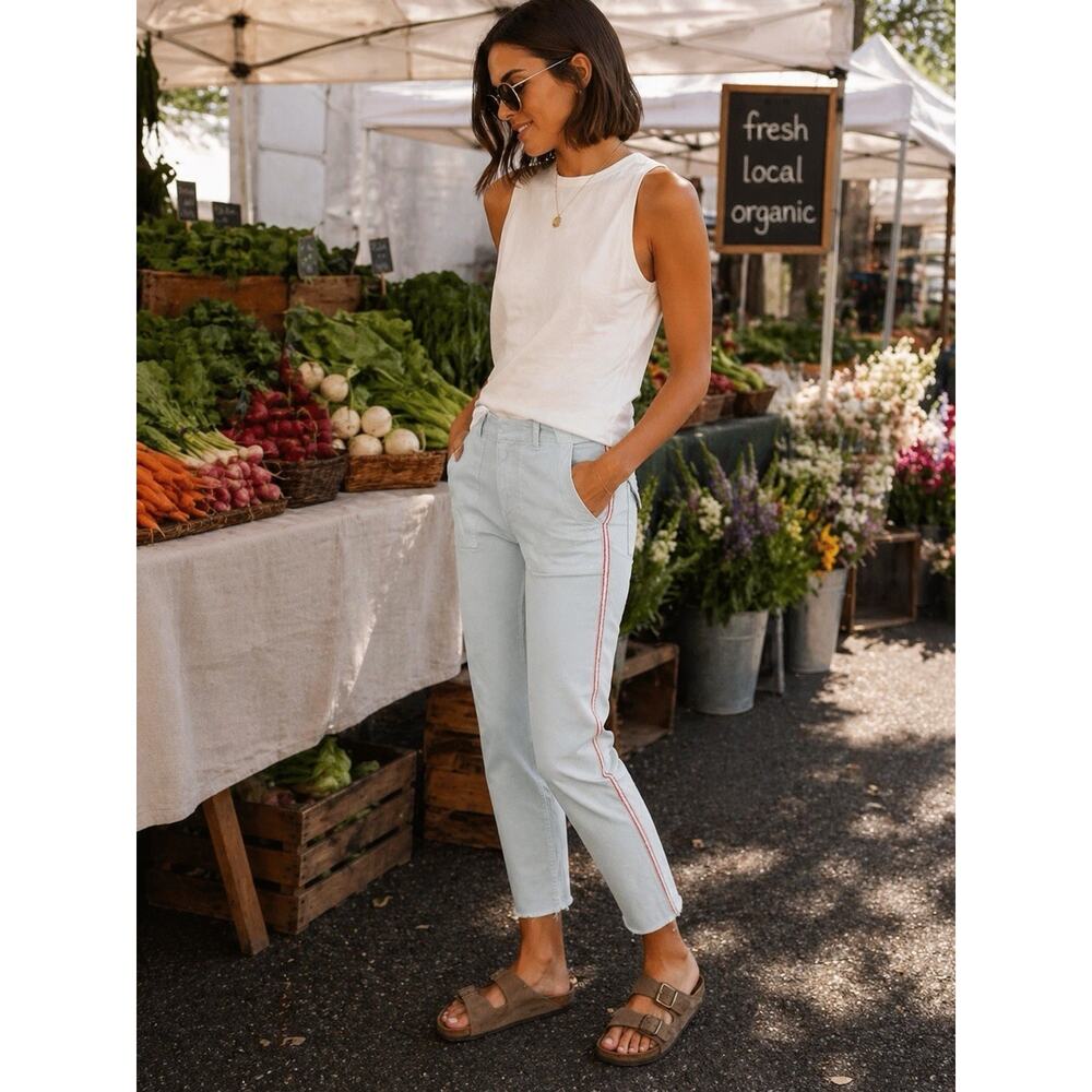 Nili Lotan Jenna Pant Side Stripe Crop Straight Leg Blue Cotton Raw Hem 6